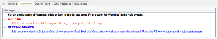 The Warnings tab of the Output window showing a warning that a goal cannot be met.
